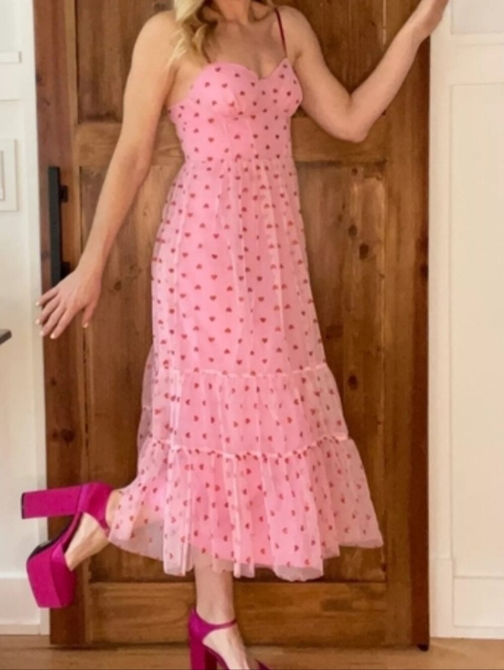 Betsey Johnson Pink Spaghetti-Strap Midi Dress with Sweetheart Neckline - Picture 3 of 6